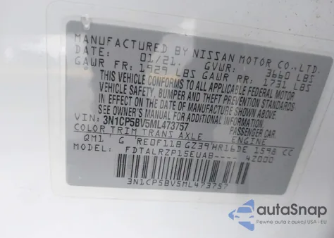 2021 Nissan Kicks S Xtronic Cvt z USA, uszkodzony, nr VIN 3N1CP5BV5ML473757